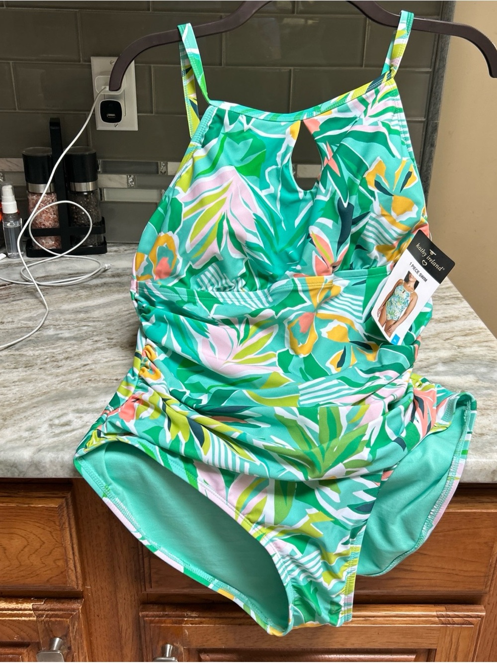 kathy ireland 1-piece Shirred High Neck Keyhole Swimsuit Tropical Mult XL NEW